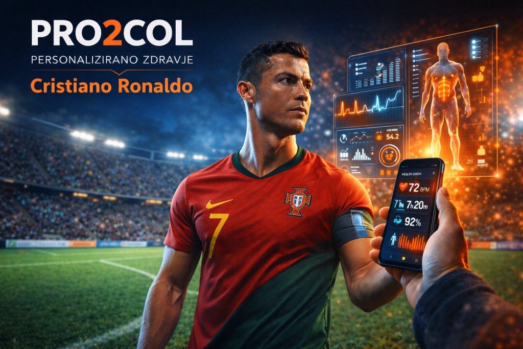 Cristiano Ronaldo na nogometnem igrišču in platforma PRO2COL za personalizirano zdravje