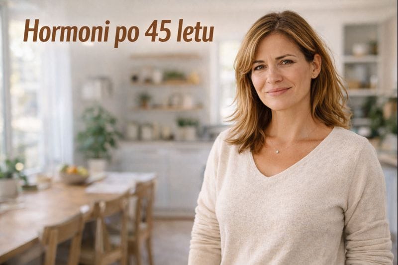 Ženska po 45 letu samozavestno stoji v svetlem domu in skrbi zase