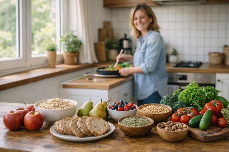 Na kuhinjski mizi so ovseni kosmiči, sadje, stročnice, polnozrnat kruh in zelenjava kot primer hrane z veliko vlakninami.