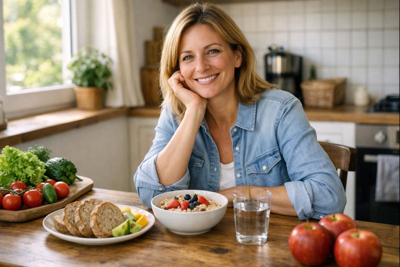 Ženska po 40. letu sedi v kuhinji za mizo z zdravim zajtrkom iz ovsenih kosmičev, sadja in polnovredne hrane.