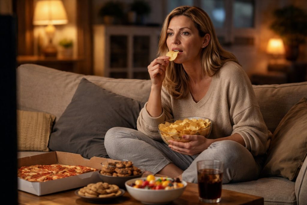 večerni prigrizki ženska prenajedanje pred televizijo hujšanje problem