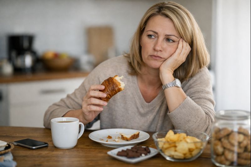 Ženska po 40. letu sedi v kuhinji za mizo s kavo in rogljičkom ter zamišljeno razmišlja o stalni lakoti in apetitu.
