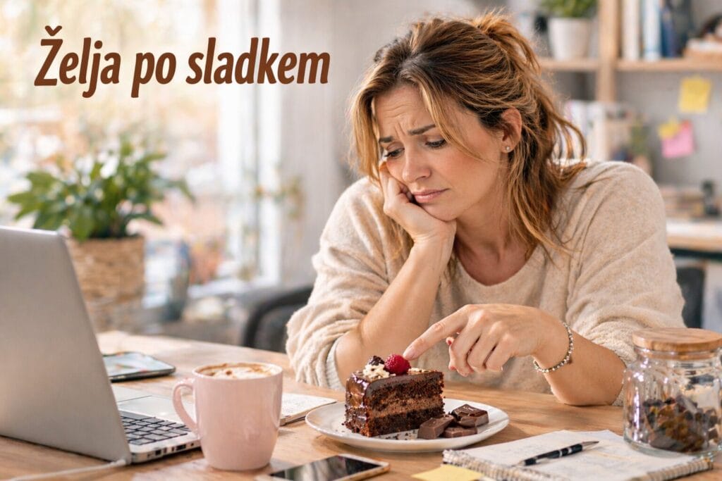 Utrujena ženska po 40 letu gleda sladico in išče energijo
