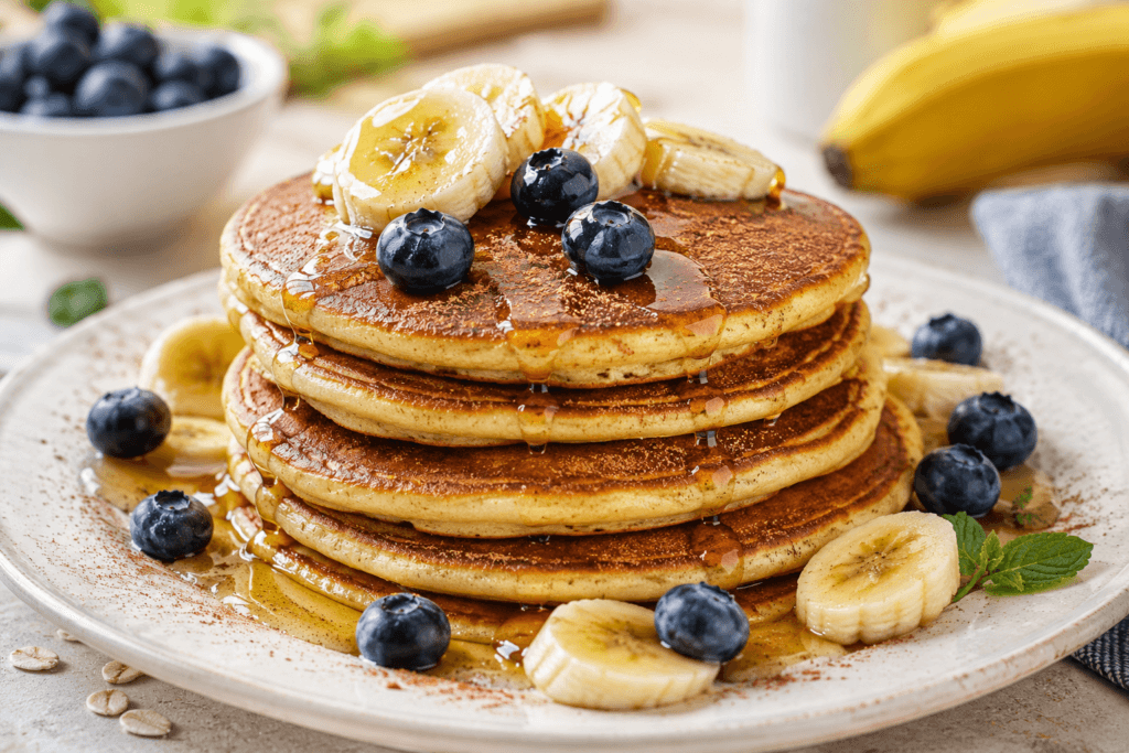Sveže pečene bananine proteinske palačinke z jagodičevjem in rezinami banane