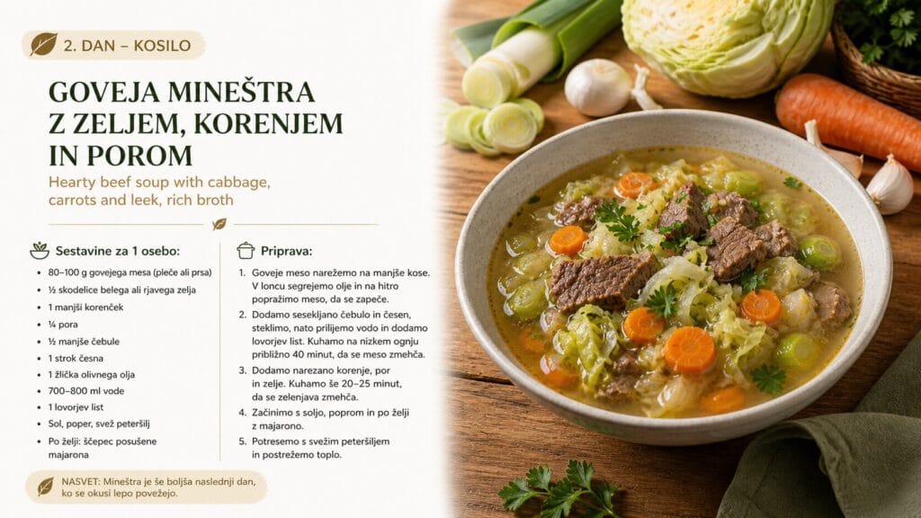 Goveja mineštra z zeljem, korenjem in porom