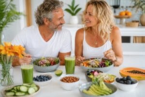 Presna prehrana z zelenim smoothijem, svežo zelenjavo, oreščki in zdravim 80 % presnim jedilnikom.