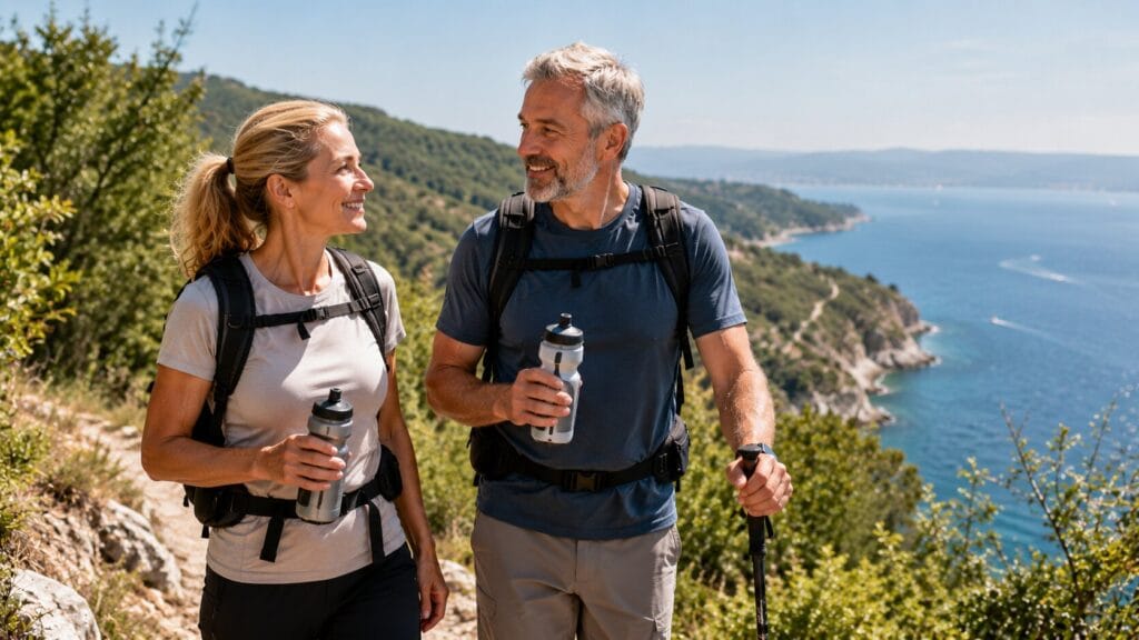 Moški in ženska med pohodom skrbita za hidracijo in pijeta tekočino.