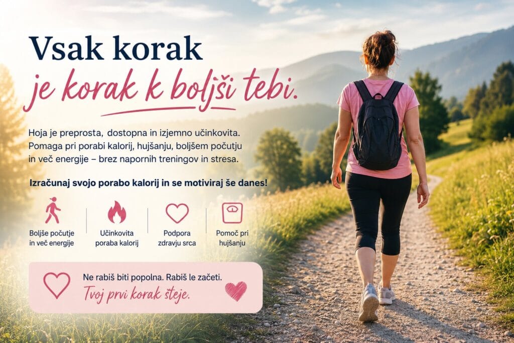 Ženska hodi po sončni podeželski poti med hribi in izboljšuje kondicijo, porabo kalorij ter splošno počutje.