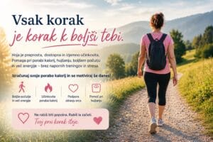 Ženska hodi po sončni podeželski poti med hribi in izboljšuje kondicijo, porabo kalorij ter splošno počutje.