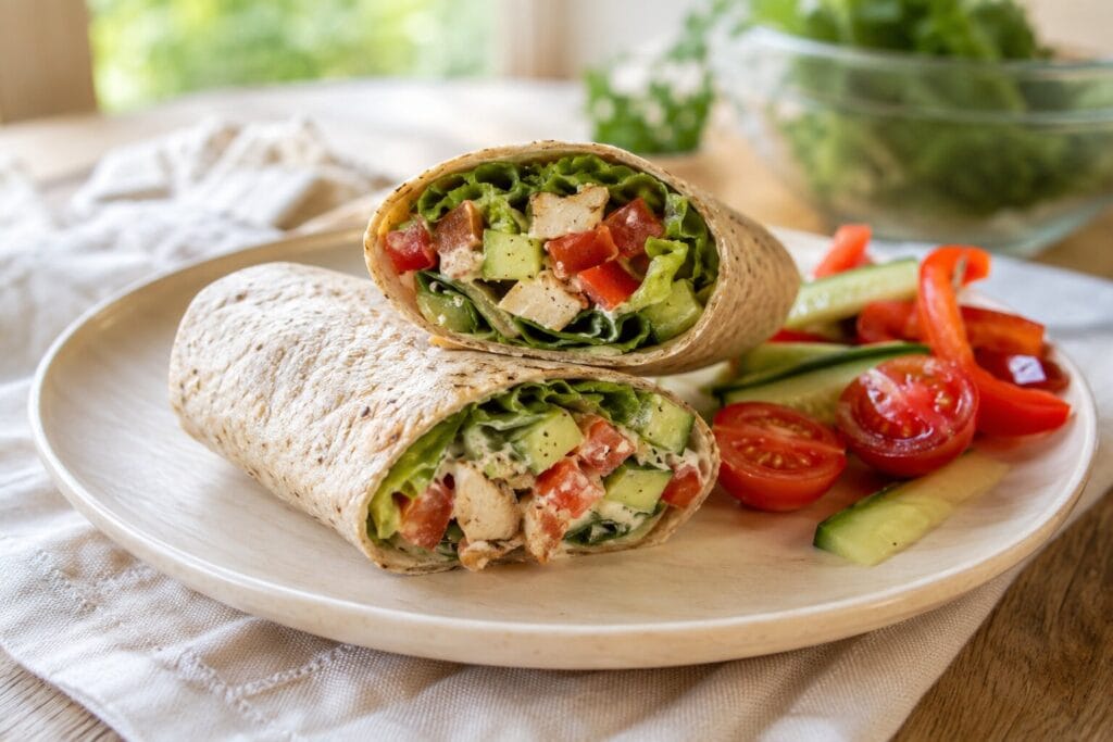 Polnozrnata tortilja z zelenjavo, jogurtovim prelivom in svežimi sestavinami na svetlem krožniku.