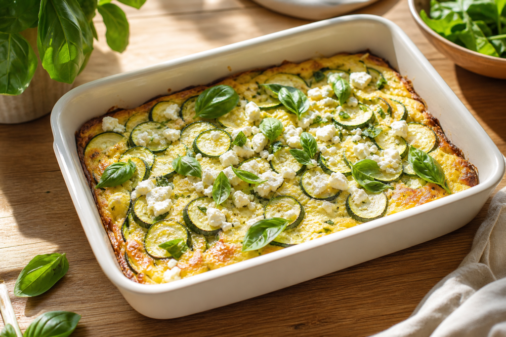 Pečena fritata z bučkami in feto v svetlem keramičnem pekaču